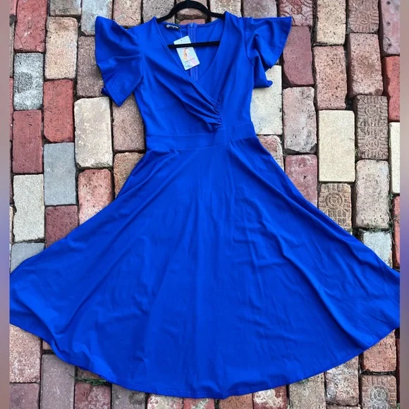 Blue Flutter Sleeve Fit and Flare Dress for Weddings - Picture 1 of 4